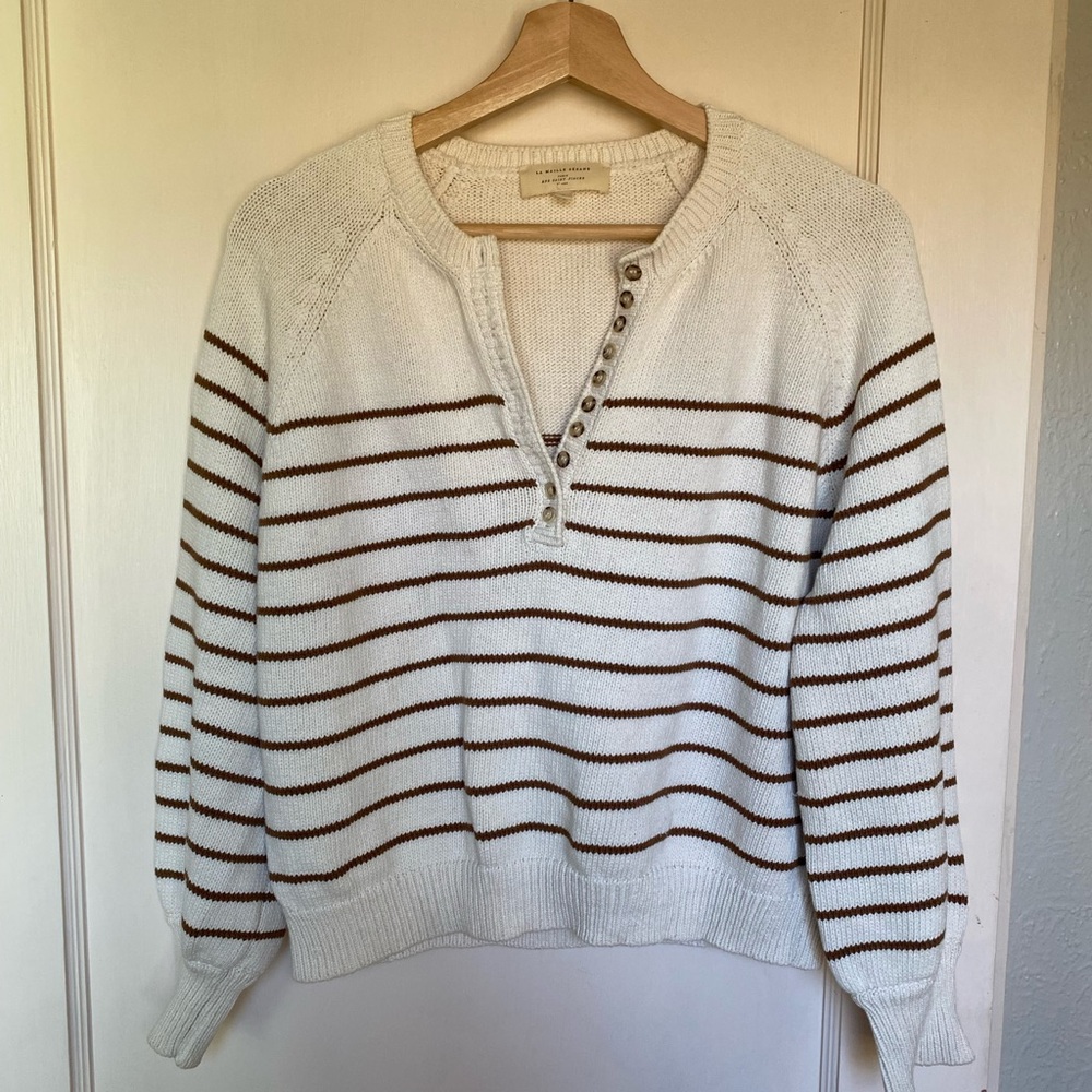 Sezane Leontine White and Brown Striped Sweater